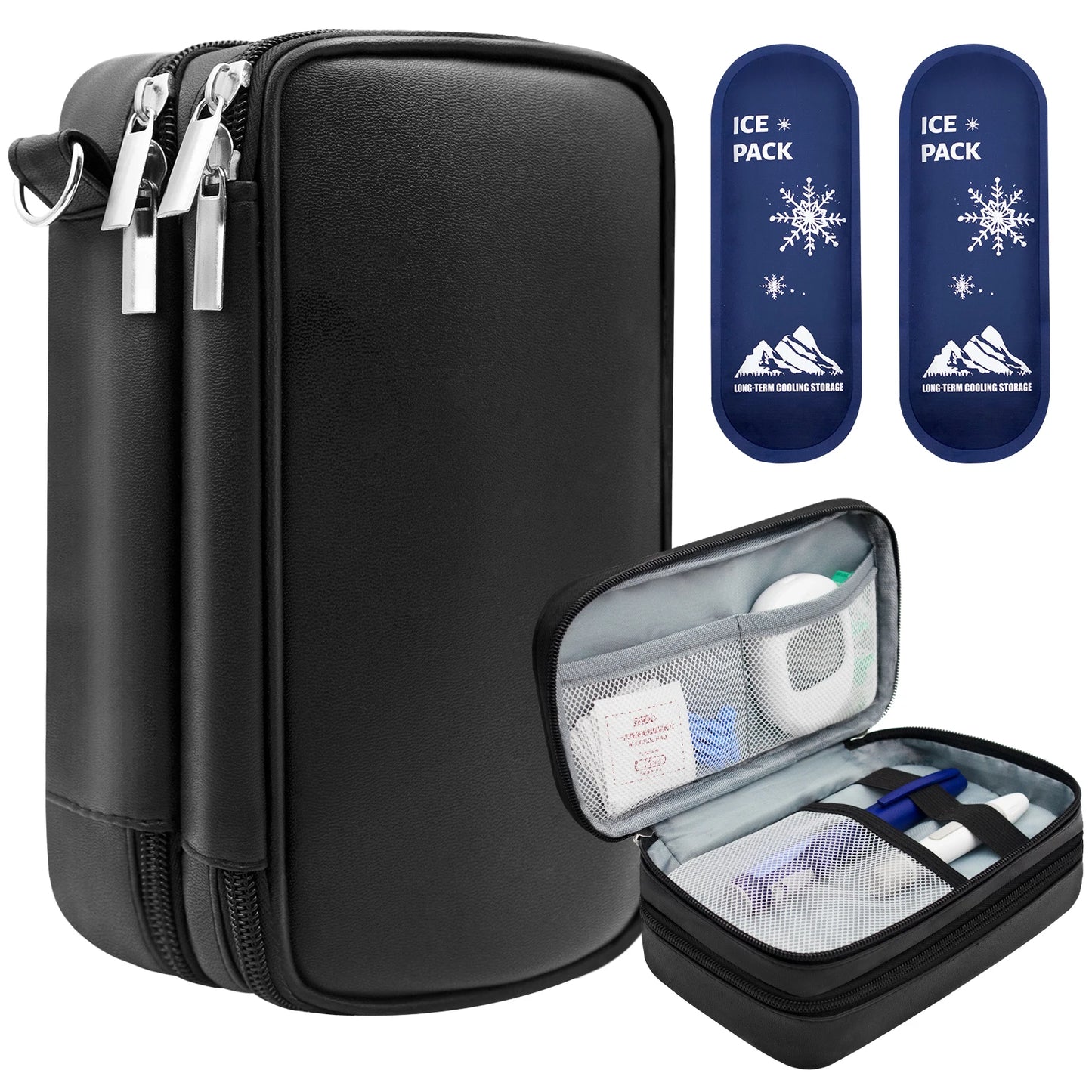 Insulin Travel Bag for Diabetics, PU Leather Double Layer Organizer Case for Insulin Pens & Test Kits with Handle Medical Storage Pouch