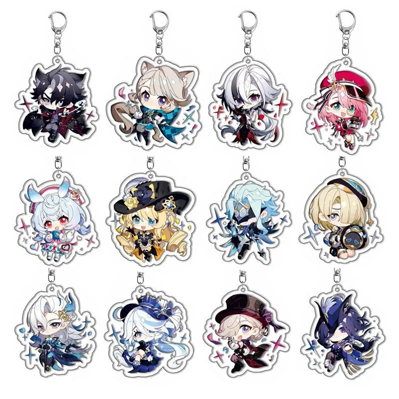 Genshin Impact Sigewinne Arlecchino & Charlotte Keychain – Anime Game Acrylic Backpack Pendant Accessory
