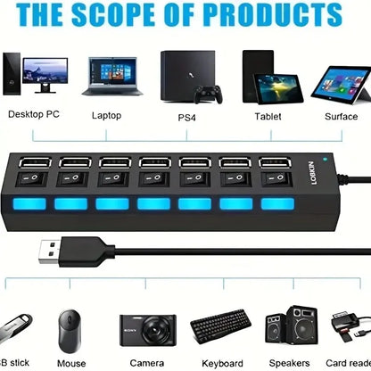 High-Speed USB 2.0 Hub with 4 or 7 Ports - Multi-USB Splitter with LED Indicator and Individual Switches for PC and Laptop
