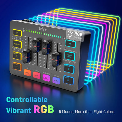 FIFINE 4-Channel RGB Gaming Audio Mixer – XLR Mic Interface for Streaming, Podcast & Game Voice