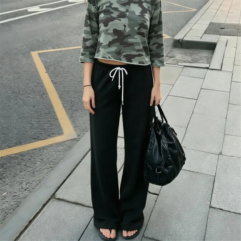 Y2K Low-Rise Flare Sweatpants - Women's Drawstring Wide-Leg Bootcut Casual Streetwear Trousers