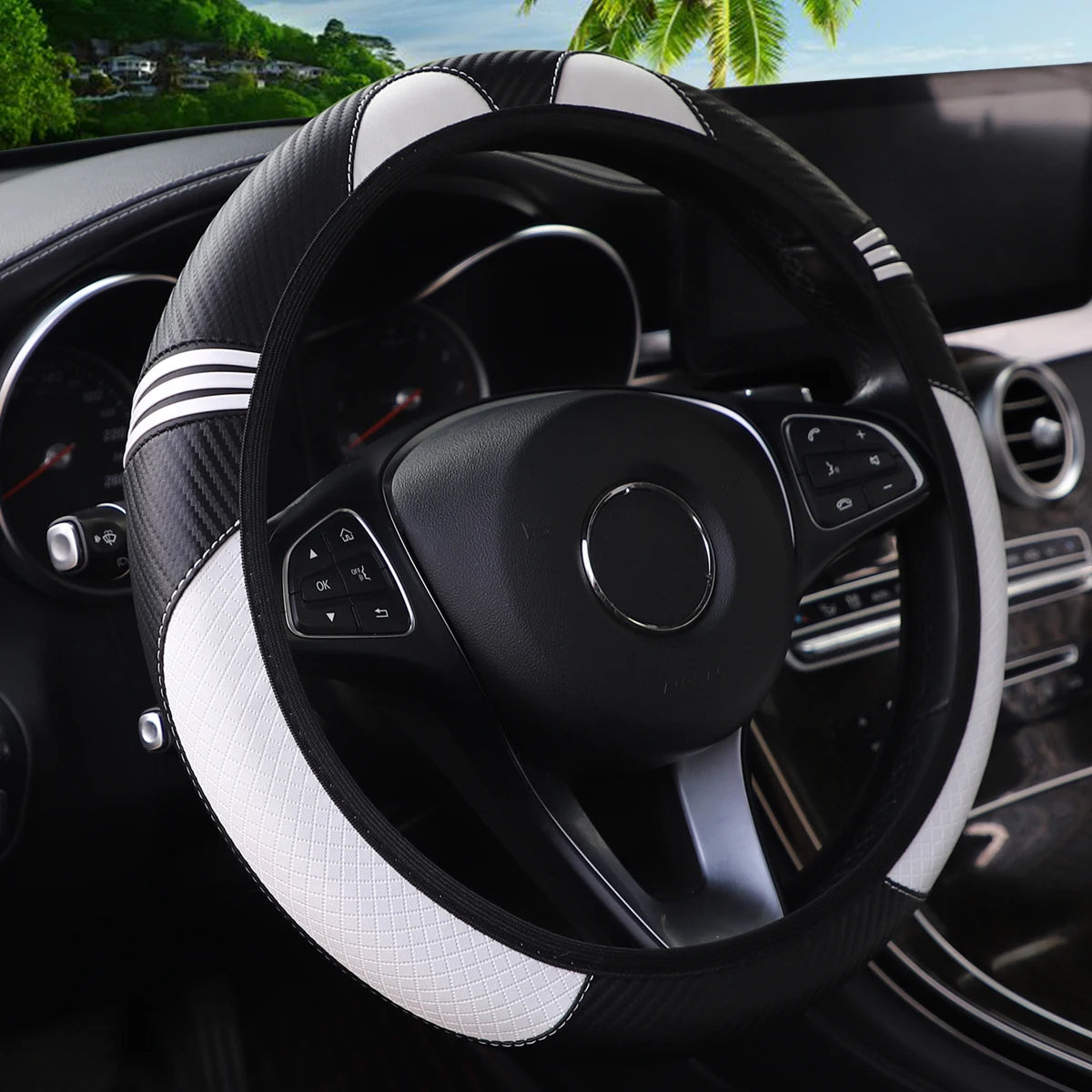Little Monster PU Embossed Leather Steering Wheel Cover — No Inner Ring, Fits 14.5-15 Inch Wheels