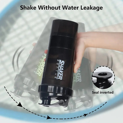 3-Layer Shaker Protein Bottle: Powder Shake Cup for Body Building, Exercise, and Hydration - Plastic Mixing Cup