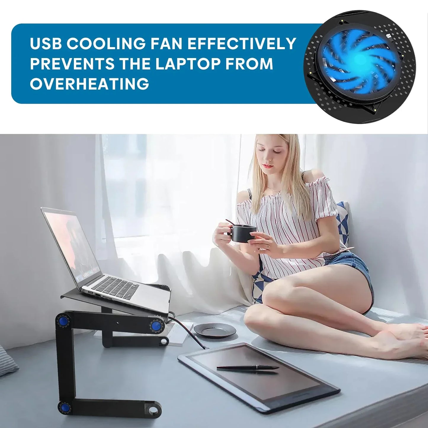 Adjustable Aluminum Laptop Stand & Lap Desk with Mouse Pad – Portable Cooling Riser Table for Bed & Desktop