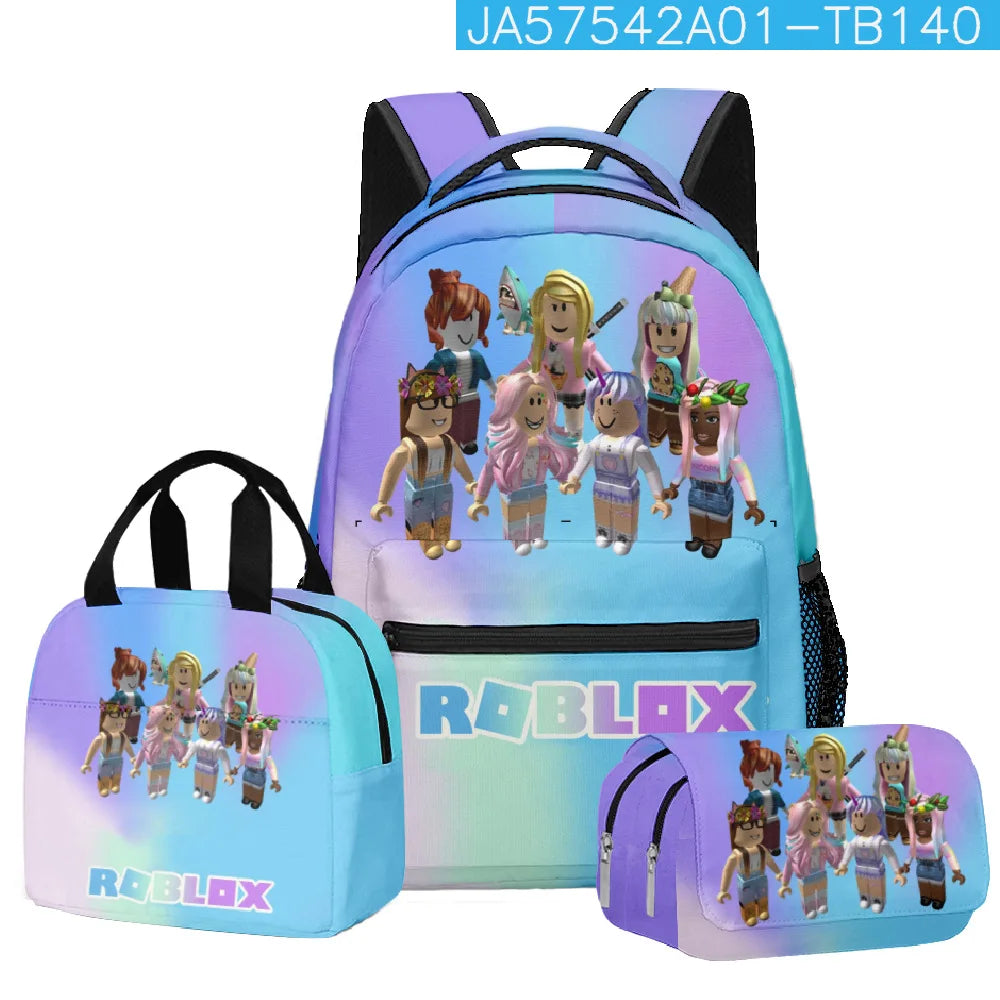 3pcs Roblox Cartoon Print Bag Set – School Backpack, Lunch Bag & Pencil Case for Students, Birthday Gift Set