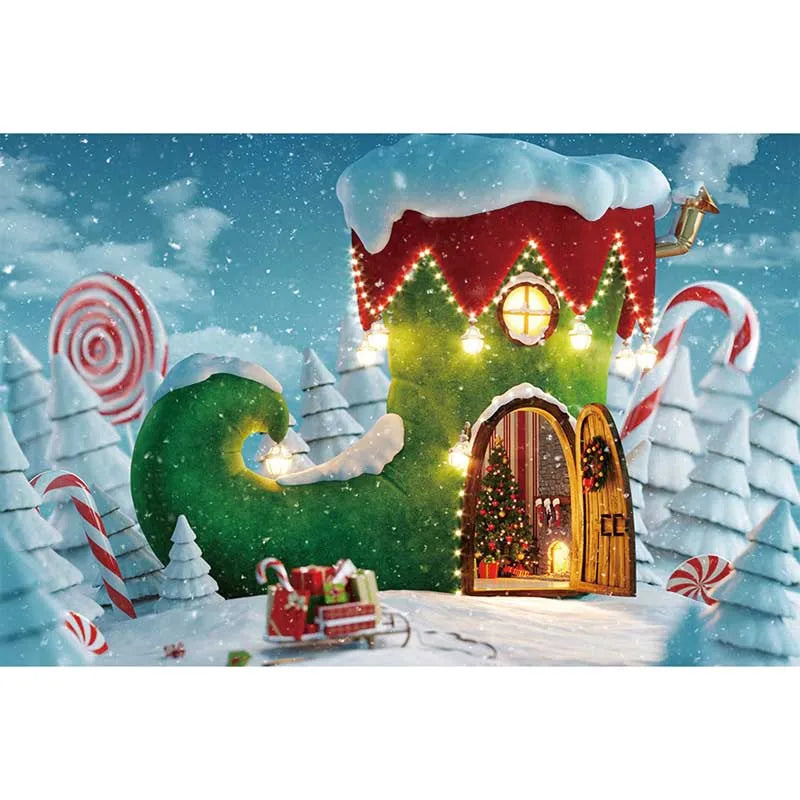 MOON.QG Christmas Santa Claus Village Backdrop – Holiday Photo Studio Background with Trees & Gifts for Home Decoration