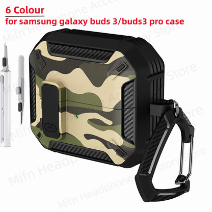Camouflage Case for Galaxy Buds3 Pro – Carbon Fiber Protective Cover with Keychain & Cleaning Kit