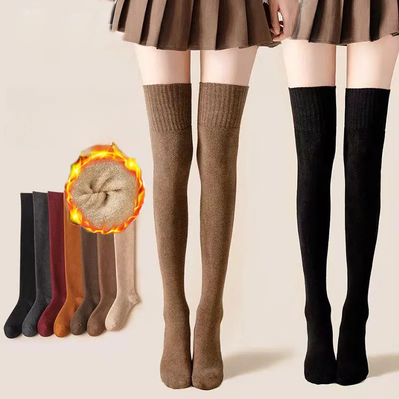Winter Warm Long Socks - Thick High Tube Over Knee Knee-Length Hosiery Socks for Women, Solid Color Terry Thicken Calf Socking