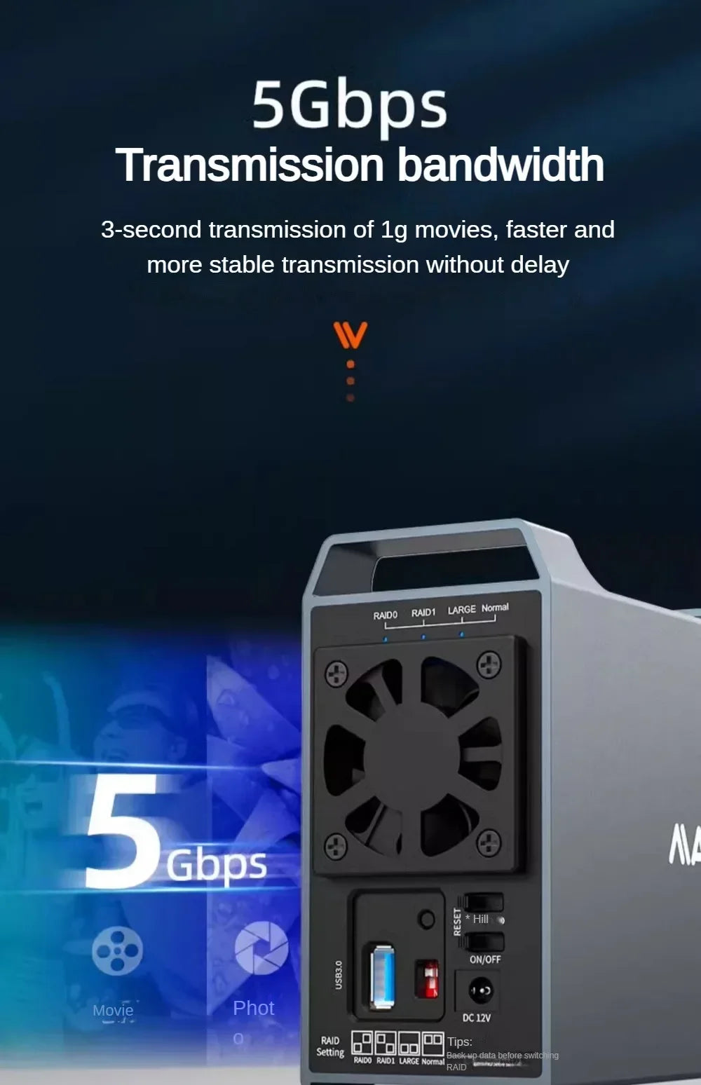 MAIWO 3.5 Inch Dual Bay External Hard Drive Enclosure – SATA Disk Array with 4 RAID Functions for 3.5 Inch HDD