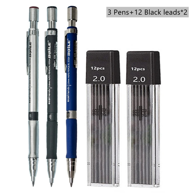Mechanical Pencil Set 2.0mm – Automatic Pencil with 2B Black & Colored Lead Refills for Writing, Sketching, & Art Drawing