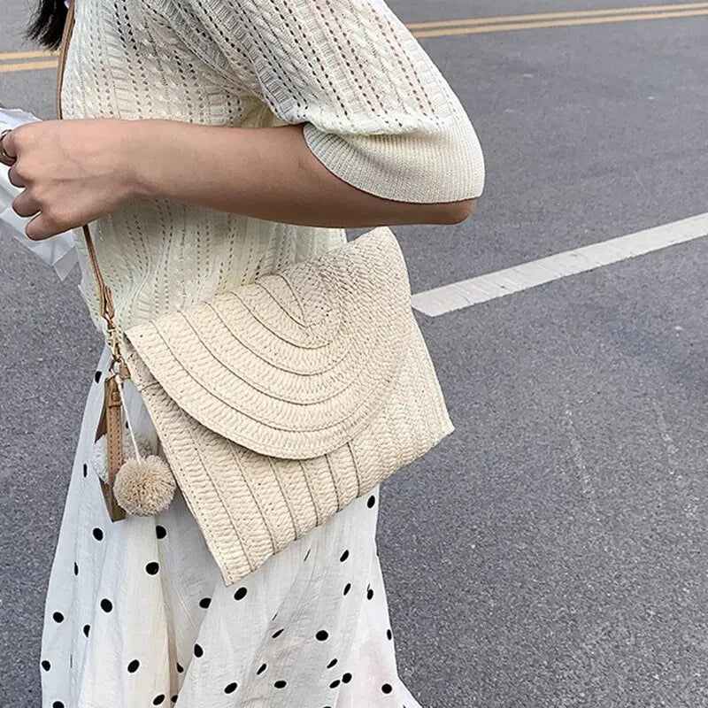Handmade Straw Beach Bag – Small Woven Summer Shoulder Crossbody Clutch with Hair Ball