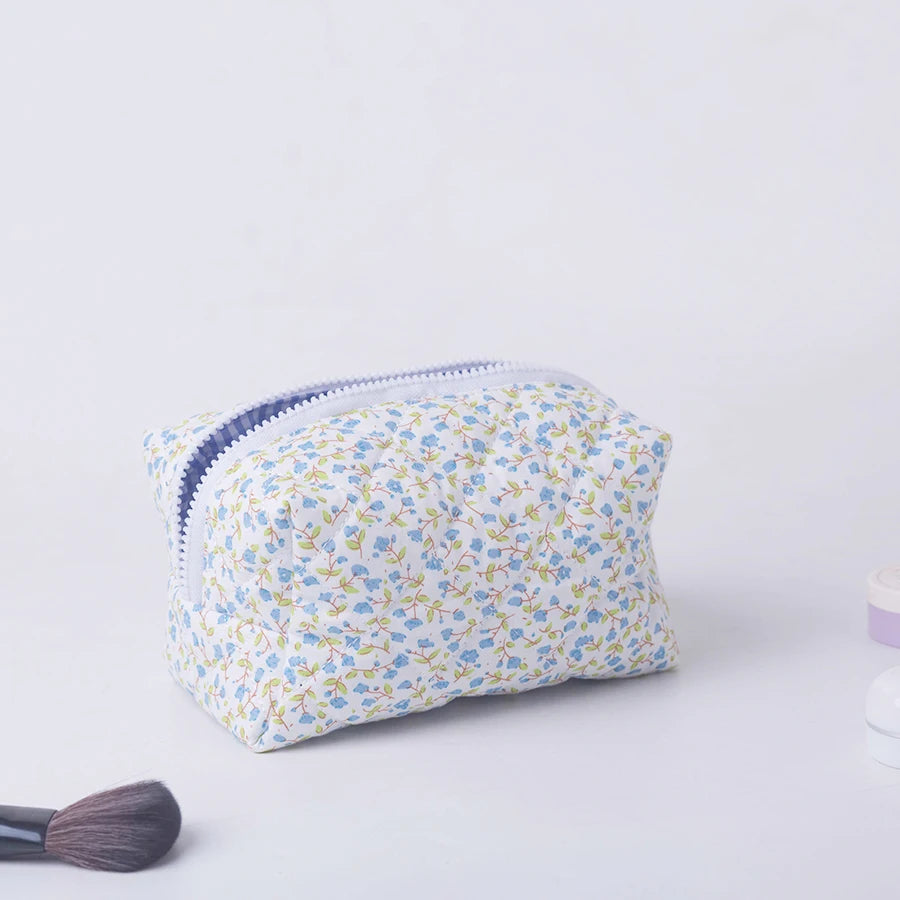 Floral Puffy Quilted Makeup Bag — Large Travel Cosmetic Organizer Pouch with Flower Print for Makeup Accessories