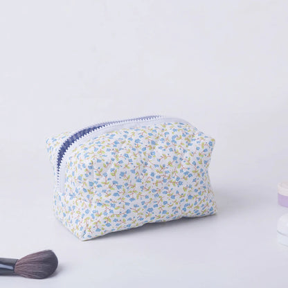 Floral Puffy Quilted Makeup Bag — Large Travel Cosmetic Organizer Pouch with Flower Print for Makeup Accessories
