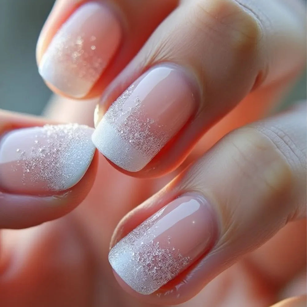 24PCS Short Press On Nails - Shimmer Ballet French Full Cover Artificial Nail Tips for Daily Manicure Style