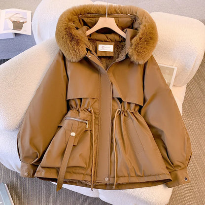 Fleece-Lined Hooded Down Jacket for Women – Warm Padded Parka, Casual Korean Streetwear Winter Coat