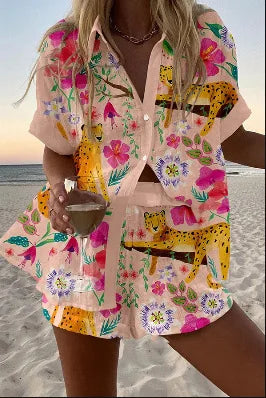Women’s Summer 2-Piece Set – Lapel Short-Sleeve Shirt & Shorts, Elegant Loose Printed Outfit
