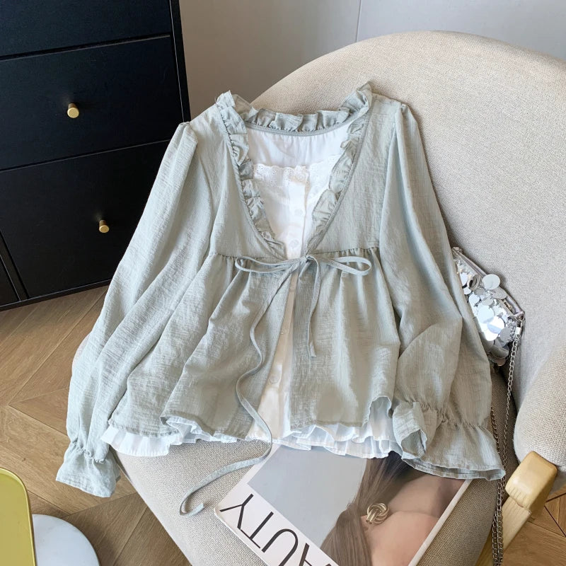Casual Women’s Lace Collar Shirt – Sweet Fake Two-Piece Long Sleeve Top, Autumn 2024 Fashion