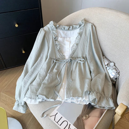 Casual Women’s Lace Collar Shirt – Sweet Fake Two-Piece Long Sleeve Top, Autumn 2024 Fashion