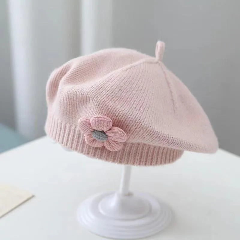 Flower Baby Beret Hat – Winter Warm Knitted Beanie for Infant & Toddler Girls, Korean Princess Artist Painter Cap Solid Color