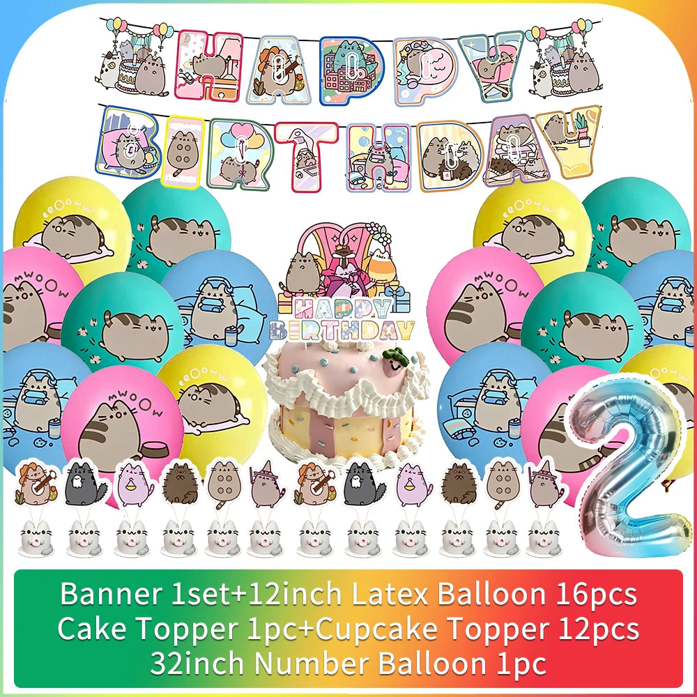 Cute Cat Birthday Party Decorations - Kawaii Balloon Set, Cake Toppers, Bunting Banner, and Party Backdrop Supplies