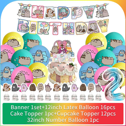 Cute Cat Birthday Party Decorations - Kawaii Balloon Set, Cake Toppers, Bunting Banner, and Party Backdrop Supplies