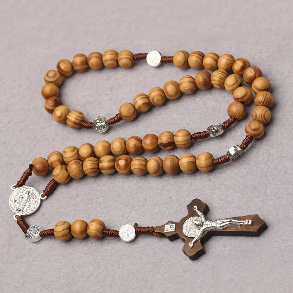 Catholic Wooden Beaded Rosary Necklace – INRI Crucifix Cross Pendant Long Chain Christian Prayer Jewelry for Men & Women