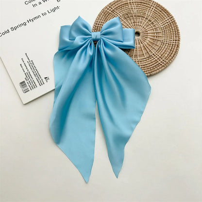 Ladies Satin Oversized Ribbon Bow Hair Clip – White, Pink, Red, Blue, Black, Long Tail Spring Clip for Ponytail Hair Accessories