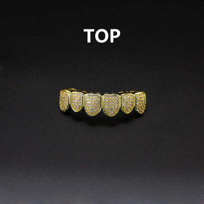 HipHop CZ Teeth Set – Unisex Gold & Silver Top/Bottom Mouth Caps, Removable Dental Fashion Jewelry