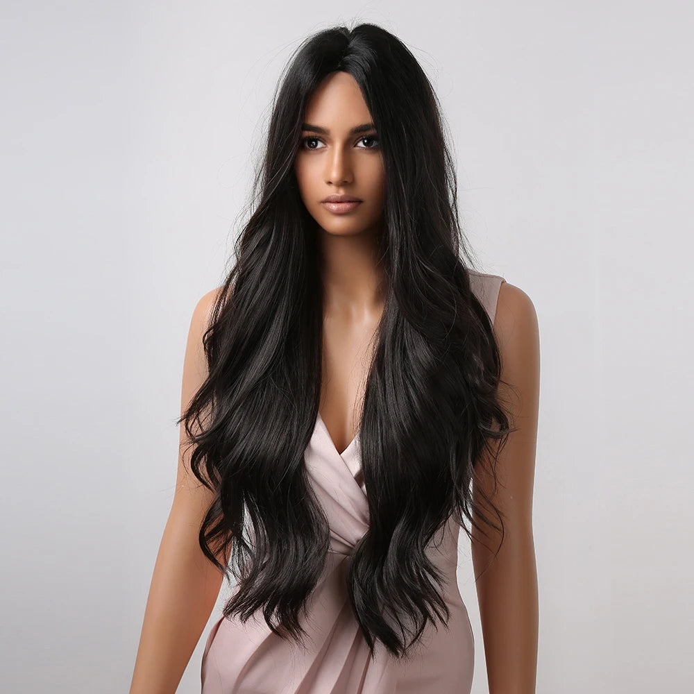 ALAN EATON Black Long Wavy Synthetic Wig – Natural Afro Hair, Middle Part, Heat-Resistant Fiber for Daily Use