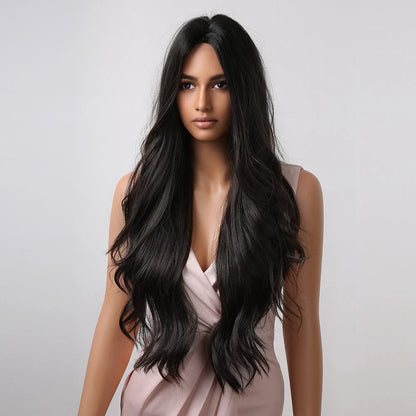 ALAN EATON Black Long Wavy Synthetic Wig – Natural Afro Hair, Middle Part, Heat-Resistant Fiber for Daily Use