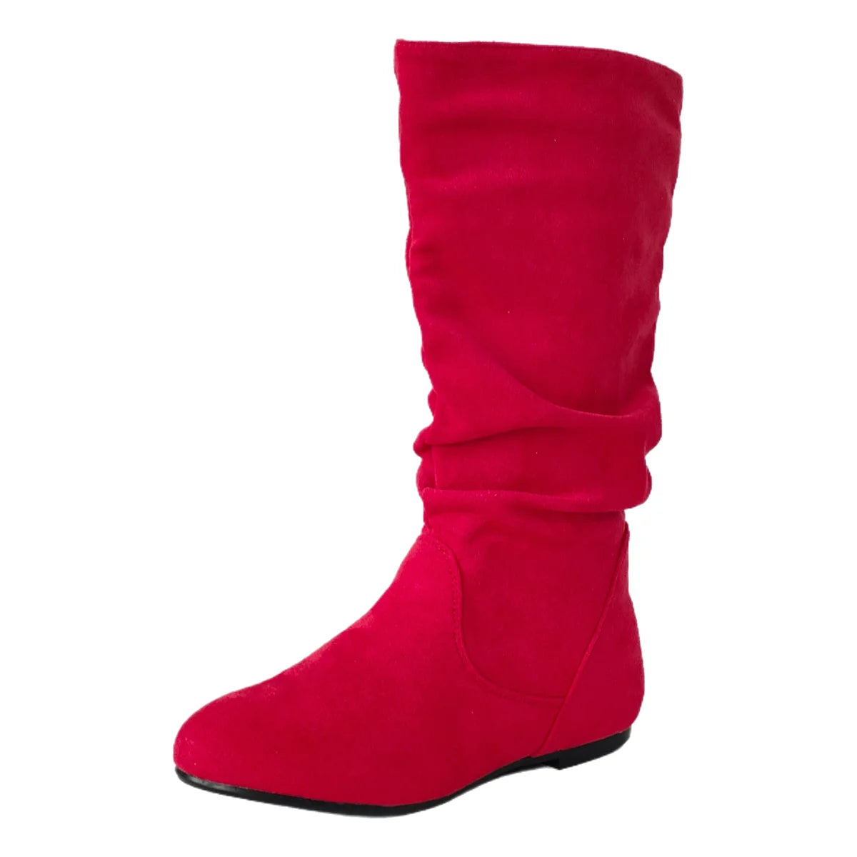 Pleated PU Women’s Fashion Boots – Casual Side-Zip Round Toe Flat High Solid Color Boots