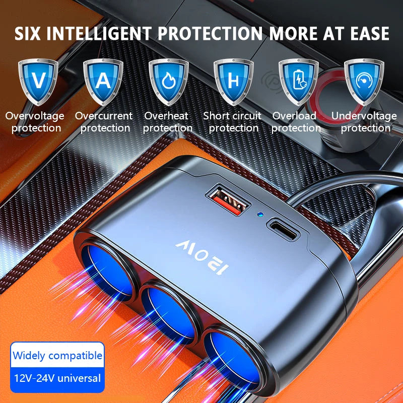 12V/24V Car Charging Adapter - 1-to-3 Power Splitter with USB and PD Fast Charging for Universal Vehicles