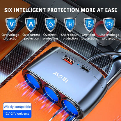 12V/24V Car Charging Adapter - 1-to-3 Power Splitter with USB and PD Fast Charging for Universal Vehicles