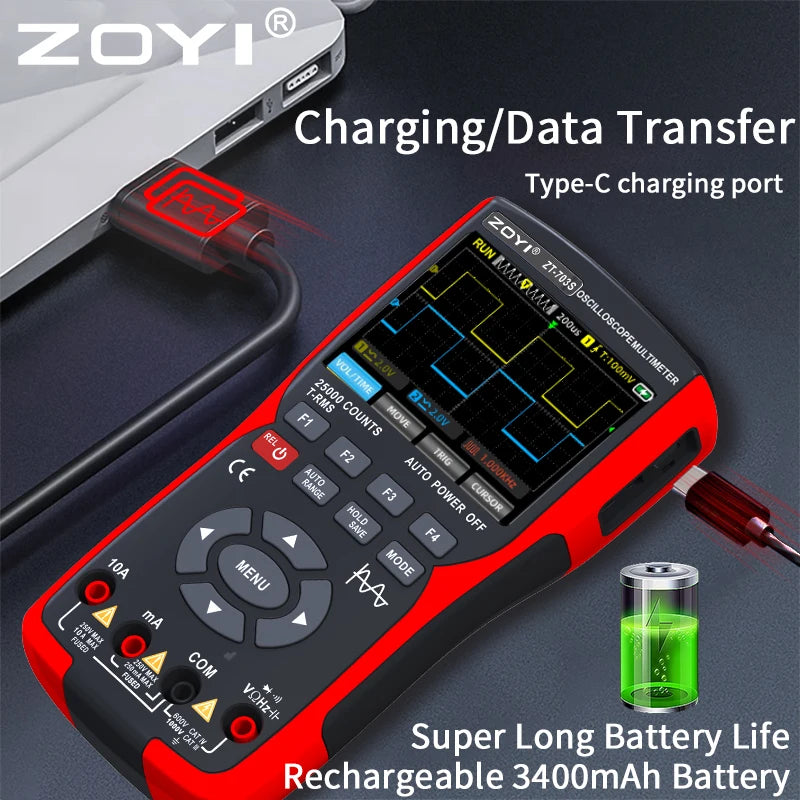 ZOYI 703S Handheld Oscilloscope Multimeter – Dual-Channel 3-in-1 Auto Repair Tool with Color Screen