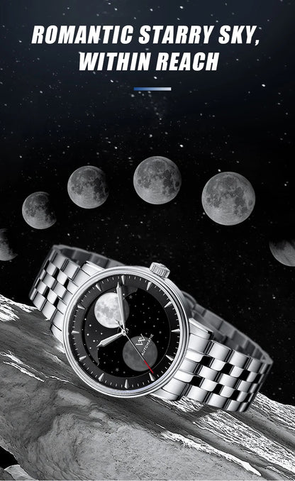 WM Welly Merck Automatic Mechanical Men's Watch — Lunar Moon Phase, Sapphire, Waterproof, Luminous Twin Moons WM142