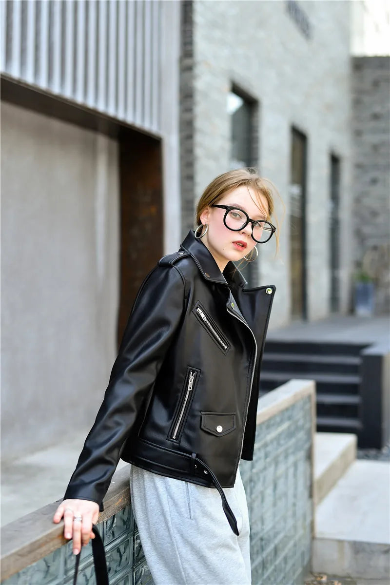 RARF Ladies 2024 Spring/Autumn Motorcycle Jacket - Candy-Colored Leather with Detachable Epaulettes and Belt