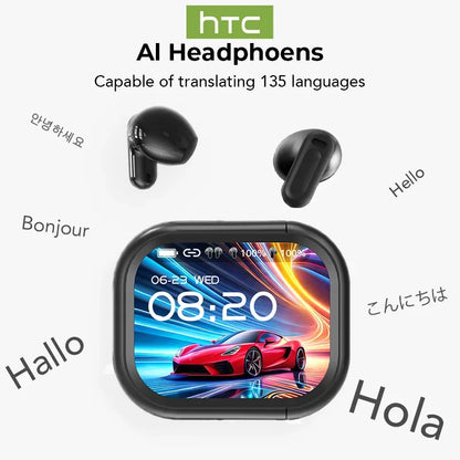 HTC NE20 Bluetooth 6.0 AI Translator Earbuds – Wireless Sport Headphones with LCD Touch & HD Stereo