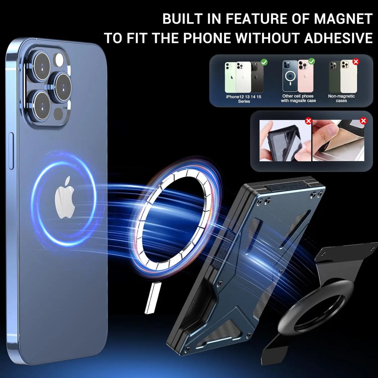 MagSafe Wallet & Money Clip with AirTag Holder + Magnetic Sheet — Fits Magnetic & Non-Magnetic Phones