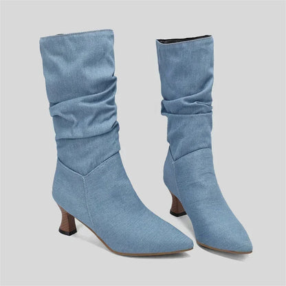 Women’s Winter Pleated Denim Mid-Calf Boots – Pointed Toe Slip-On Slouch Boots with Kitten Heels for Party & Club (Blue, Red, Black)