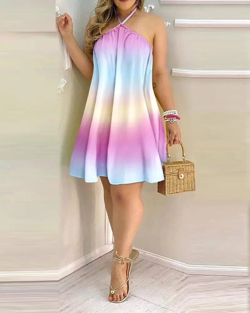 Women’s Tropical Print Halter Neck Backless Dress – Spring Summer Vacation Beach Party Sundress
