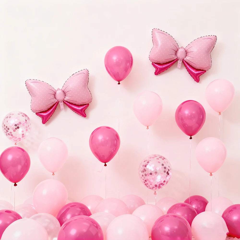 31-Piece Pink Bow Balloon Set - Hot Pink Foil and Rose Dot Confetti Balloons with Ribbon for Girls’ Birthdays and Baby Showers