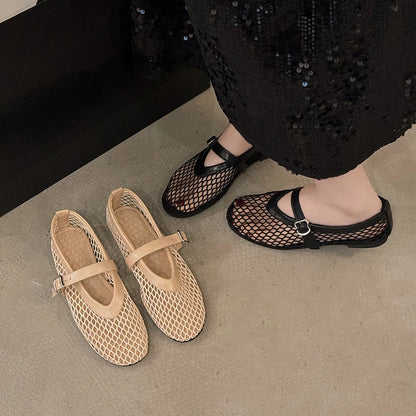 Women's Summer Fishnet Mary Jane Flats – Round Toe Cut-Out Buckle Comfort Shoes