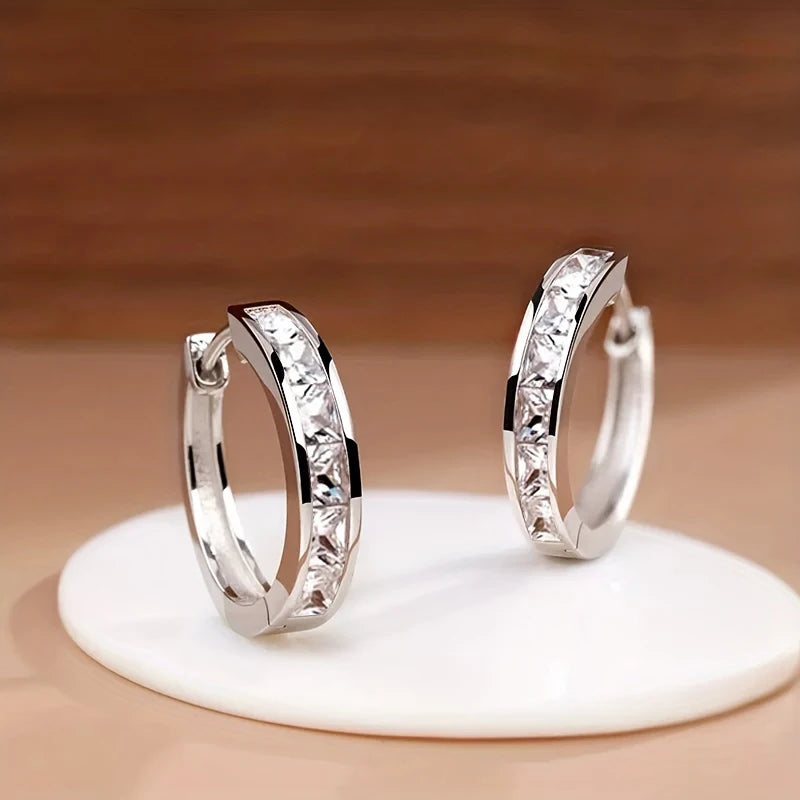 Huitan Classic Princess Square CZ Hoop Earrings for Women – Simple & Elegant Versatile Jewelry Accessories