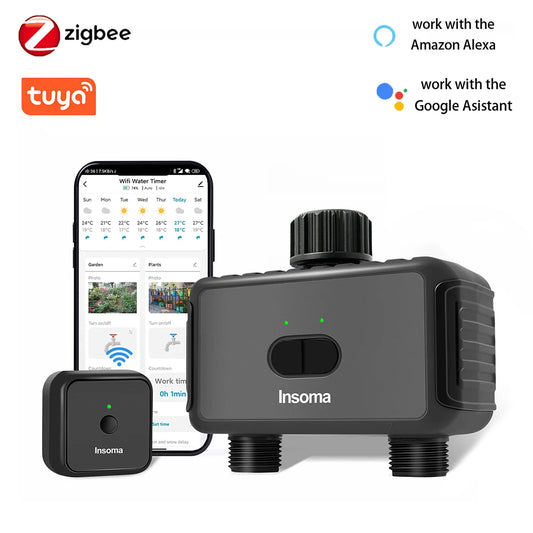 Zigbee/WiFi Automatic Water Timer – Dual Hose Garden Irrigation System, Sprinkler Programmer, Alexa Support