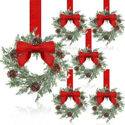 Set of 6 Mini Christmas Cabinet Wreaths with Ribbon Bows – Artificial Farmhouse Holiday Party Decorations