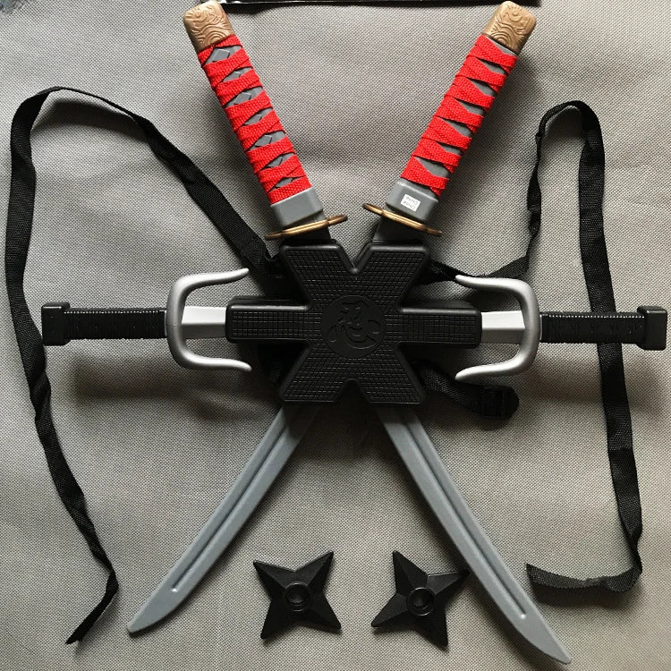 New 56cm Halloween Samurai Ninja Knife Set – 7-Piece Retro Plastic Daggers, Deadpool Cosplay Double Sword Props for Costumes and Toys