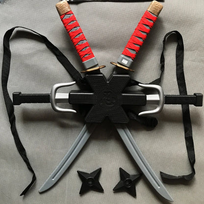 New 56cm Halloween Samurai Ninja Knife Set – 7-Piece Retro Plastic Daggers, Deadpool Cosplay Double Sword Props for Costumes and Toys