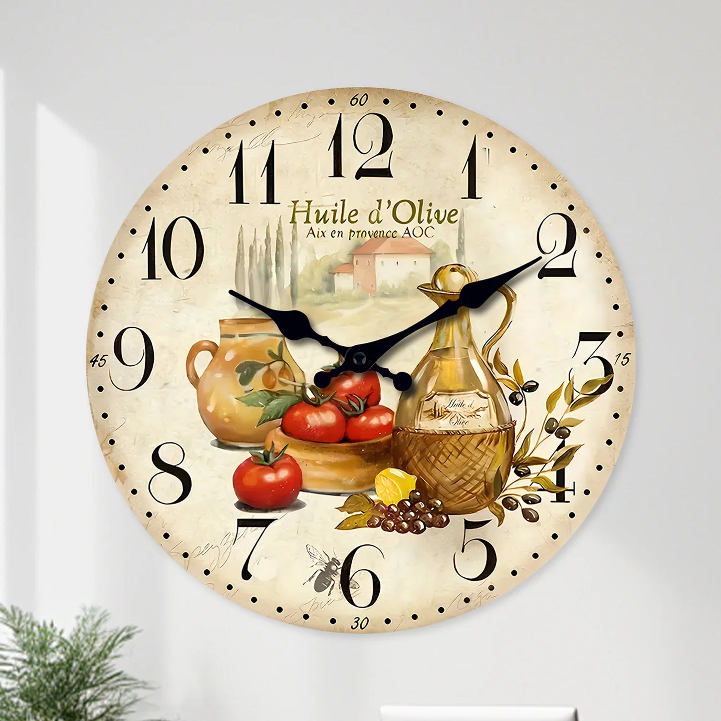 Retro Provence Wooden Wall Clock – Olive Oil & Tomato Pattern, Silent Quartz for Living Room, Bedroom, Kitchen | 10-16 Inch Home Decor, Holiday Gift (No Batteries)
