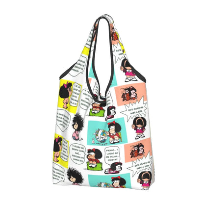 Anime Mafalda Cartoon Grocery Tote Bag – Large Capacity Fashion Shopper Shoulder Handbag, Portable Kawaii Canvas Bag for Everyday Use