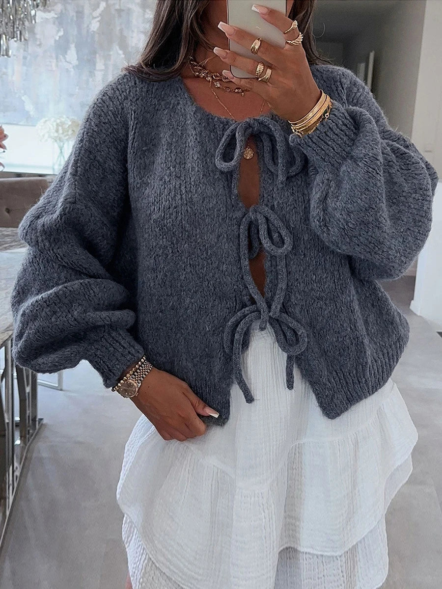 Fashion Knitted Bow Lace-Up Cardigan for Women – Y2K Open Front Sweater, Sweet Lantern Sleeve Oversized Knit Cardigan